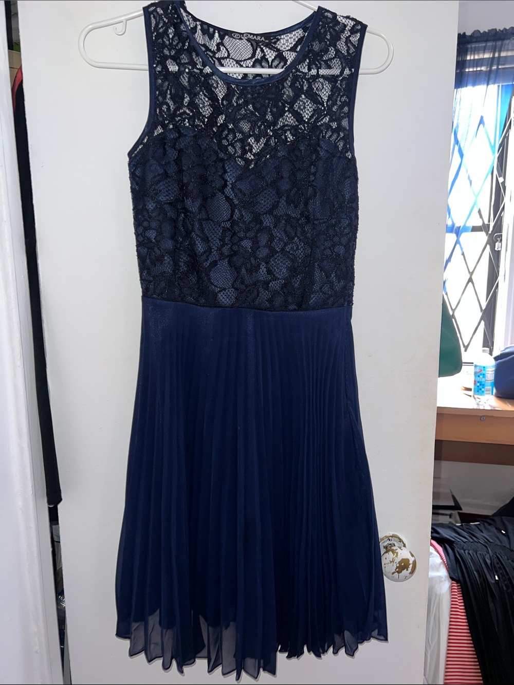 Sleeveless Navy Lace Bodice Midi Dress with Pleated Skirt